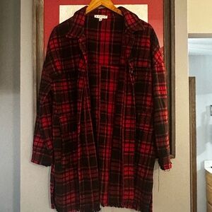 HYFVE Red & Black Plaid Open-Front Trench Coat